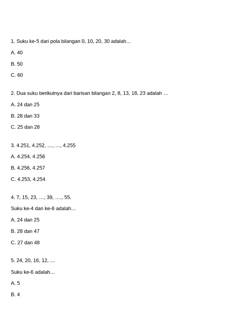 Soal Pola Bilangan Kelas 4 SD | PDF