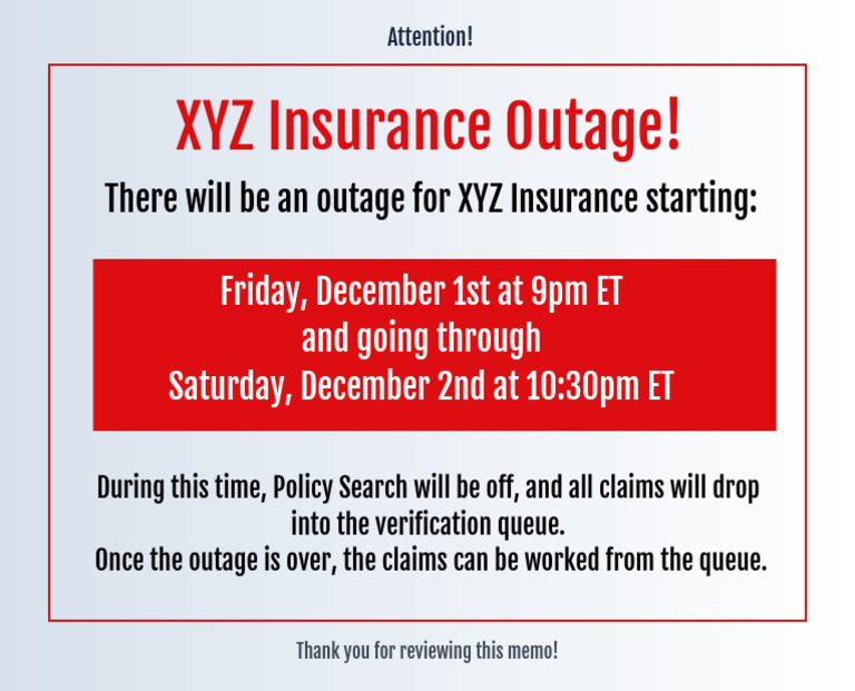 XYZ Insurance Claims Outage Notice | PDF