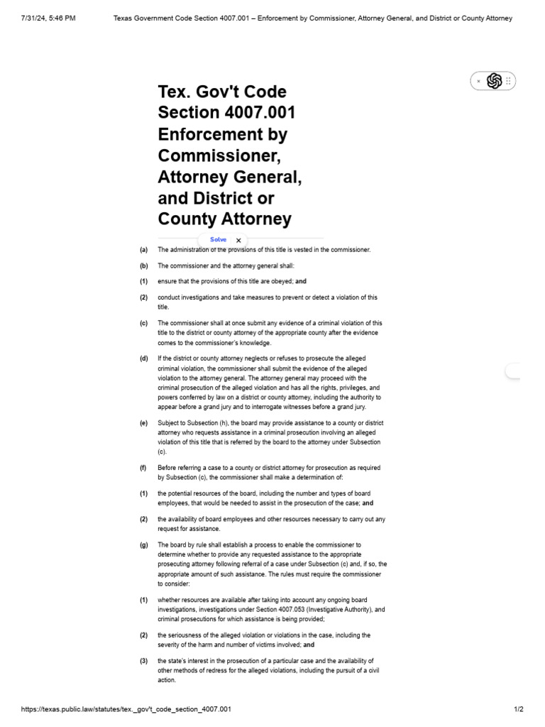 Texas Government Code Section 4007.001 - Enforcement by Commissioner ...