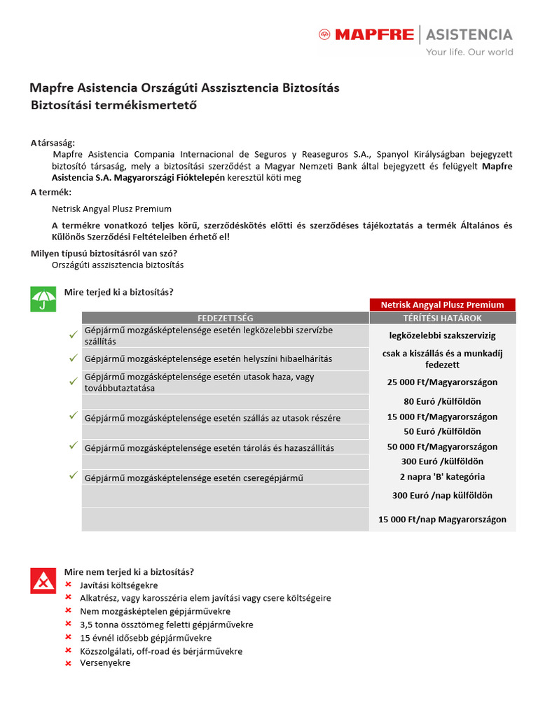 Mapfre Asistencia Netrisk Angyal Plusz Premium Termektajekoztato | PDF