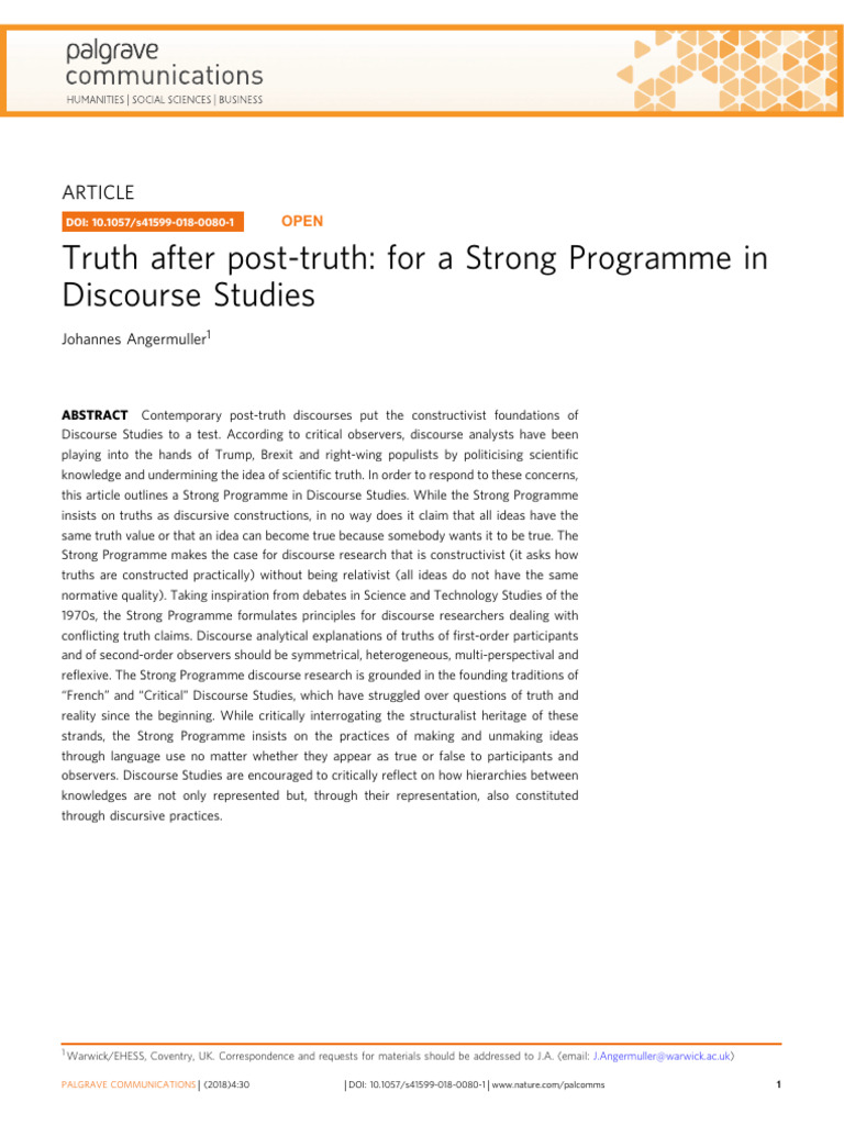 Strong Programme in Discourse Studies | PDF | Discourse | Truth
