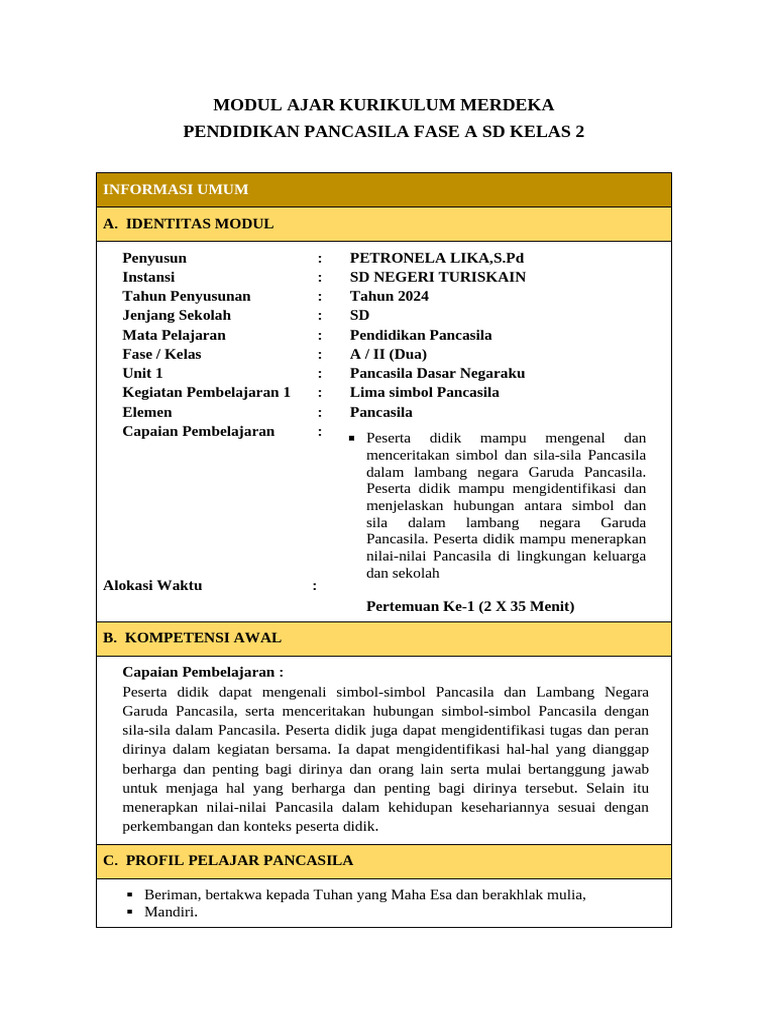 Modul Ajar Pendidikan Pancasila Kelas 2 | PDF