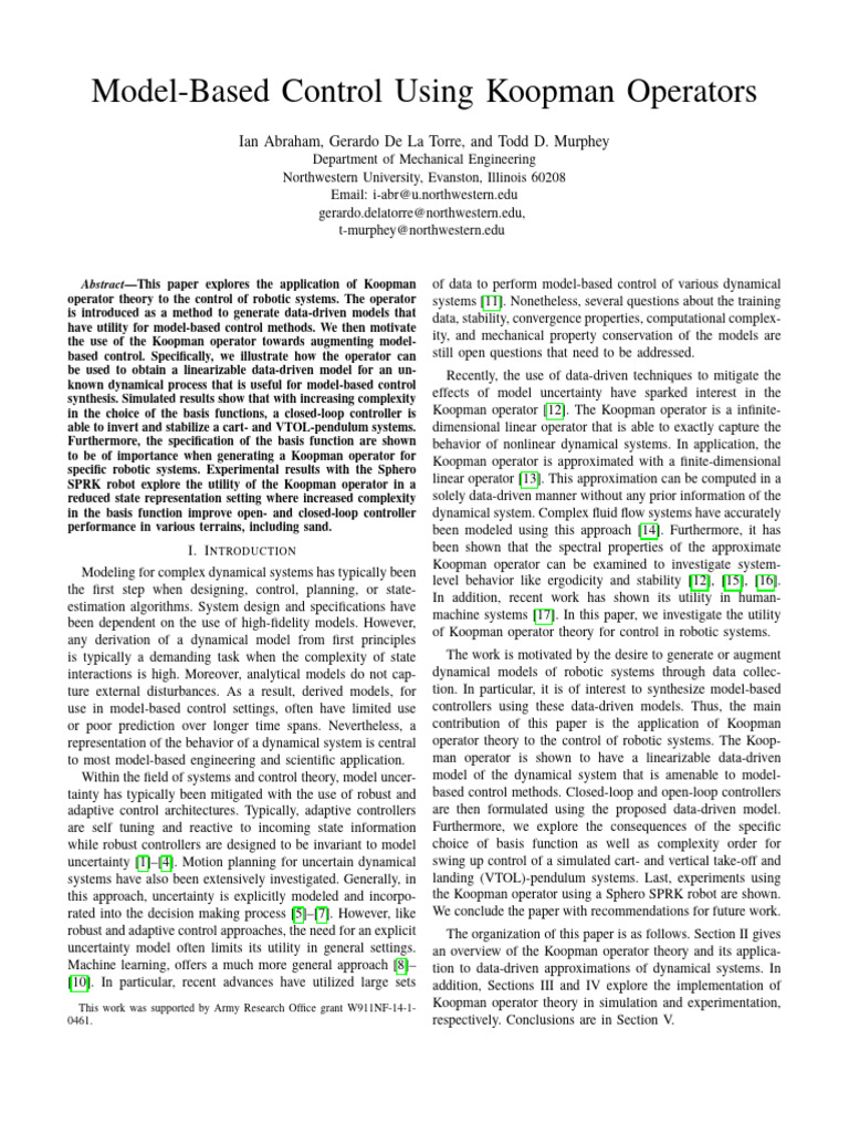 Koopman Operators in Robotic Control | PDF | Control Theory | Nonlinear ...
