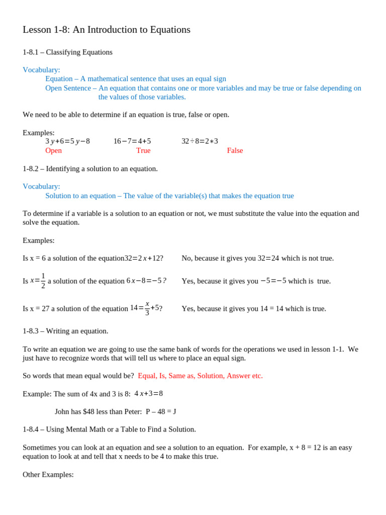 Lesson-1-8 | PDF | Equations | Variable (Mathematics)