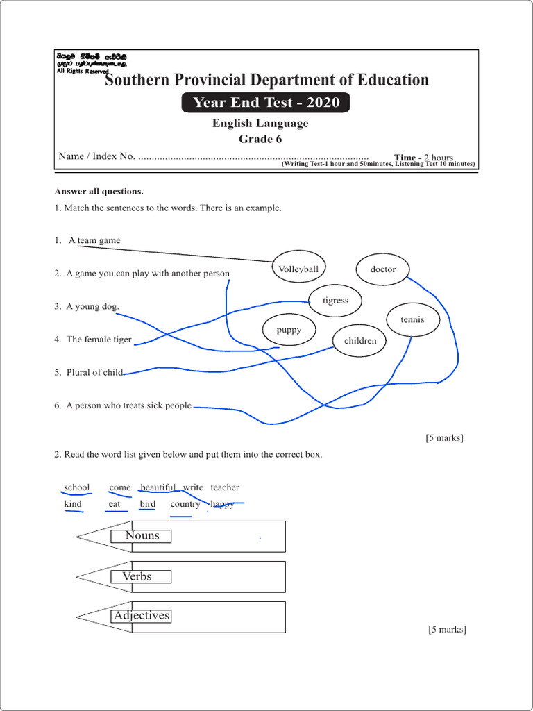 Grade 06 English 3rd Term Test Paper With Answers 2020 Southern ...
