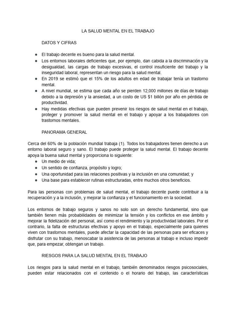La Salud Mental en El Trabajo | PDF | Salud mental | Seguridad y salud ...