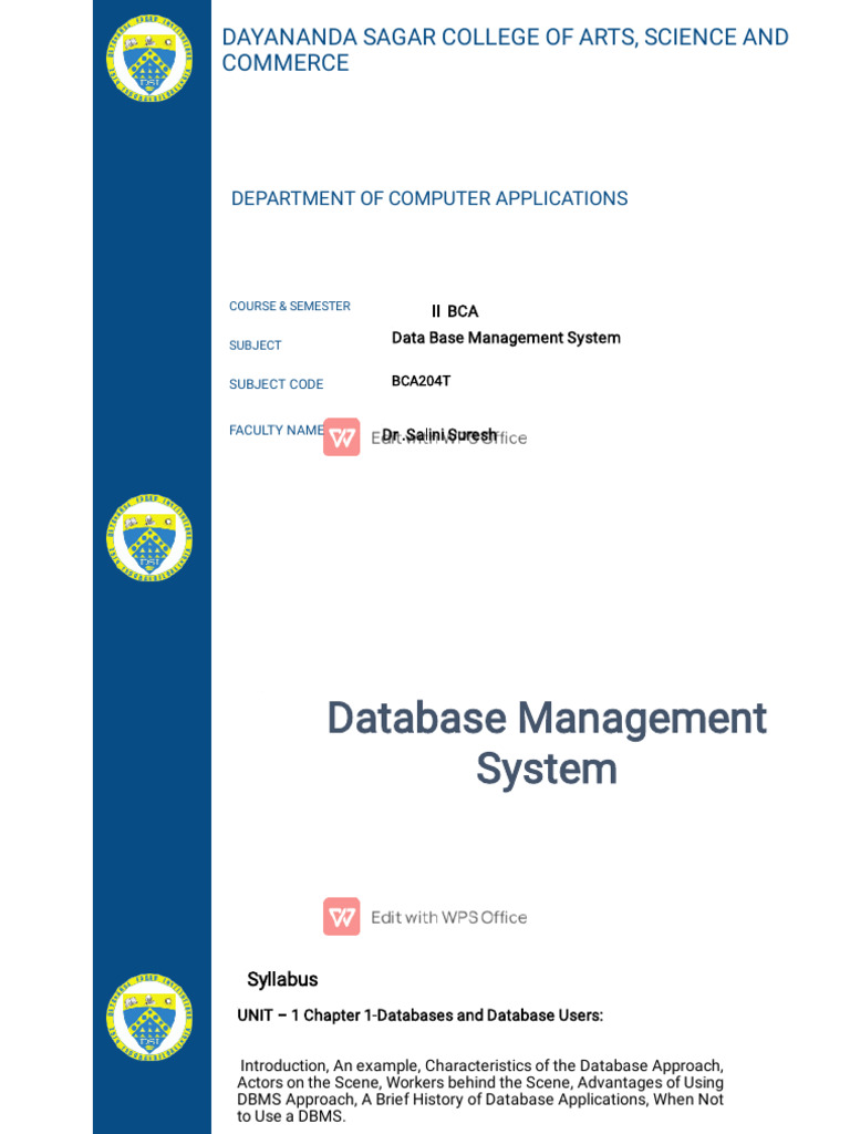 DBMS Unit 1 Chapter 1 | PDF | Databases | Sql