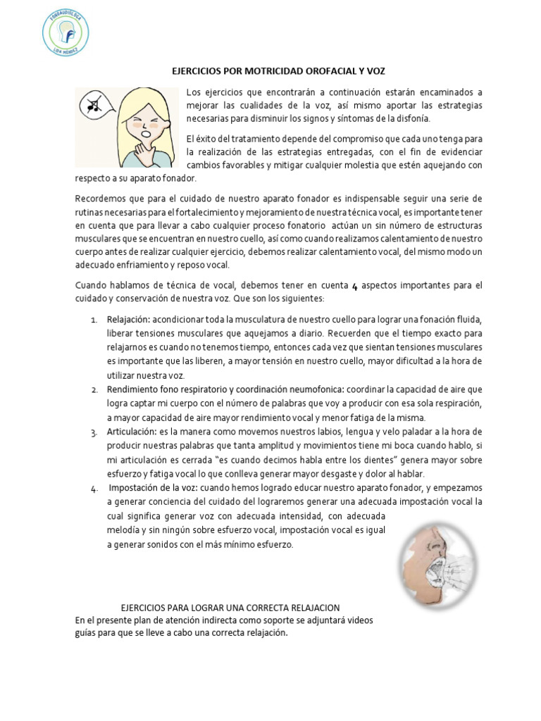 Plan de Ejercicios de Voz y Deglucion Enfoque M.O | PDF