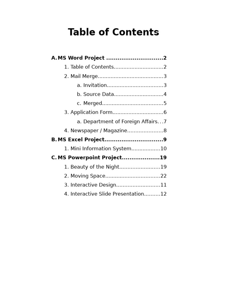 Project table of contents pdf