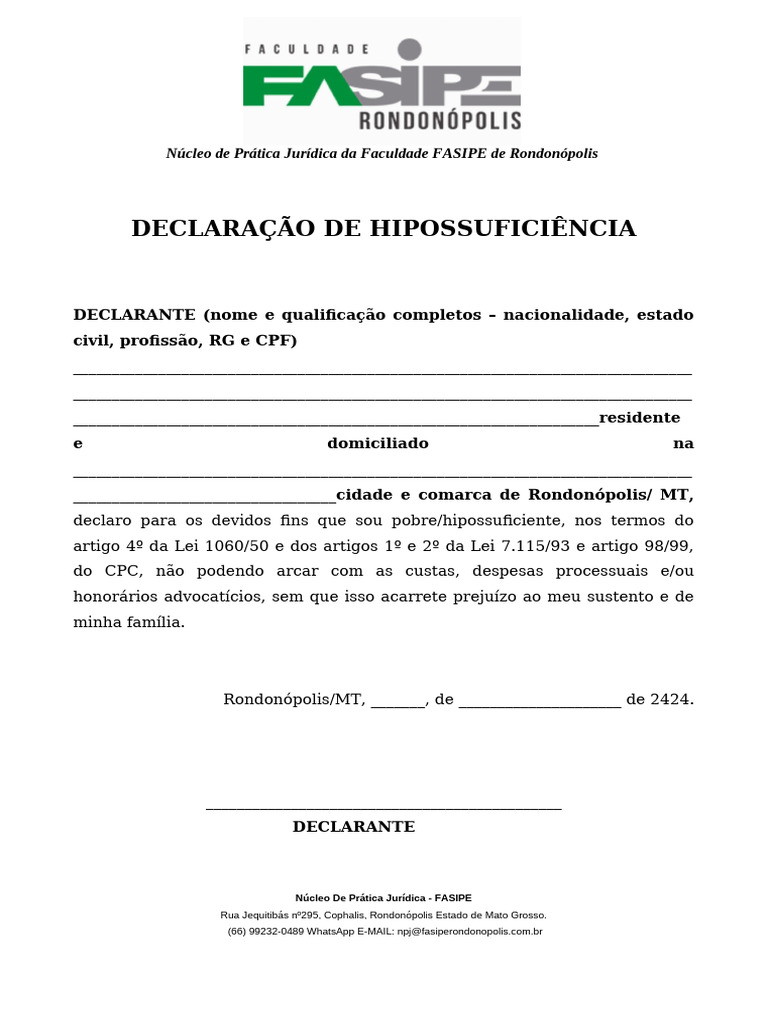 Declaração de Hipossuficiência FASIPE | PDF