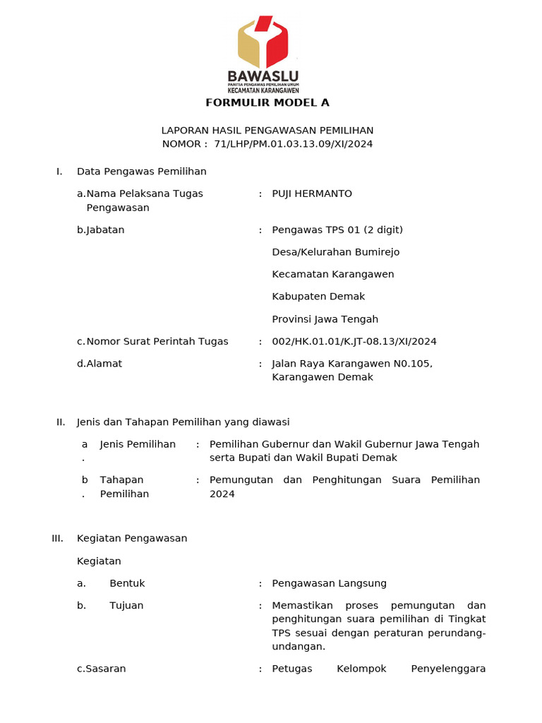 Form A Pengawasan Pilkada 2024 - (Pemungutan Dan Penghitungan Suara) | PDF