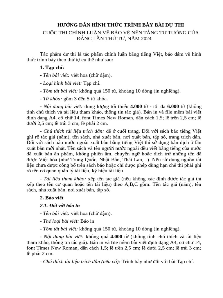 Hướng Dẫn Hình Thức Trình Bày Bài Dự Thi | PDF