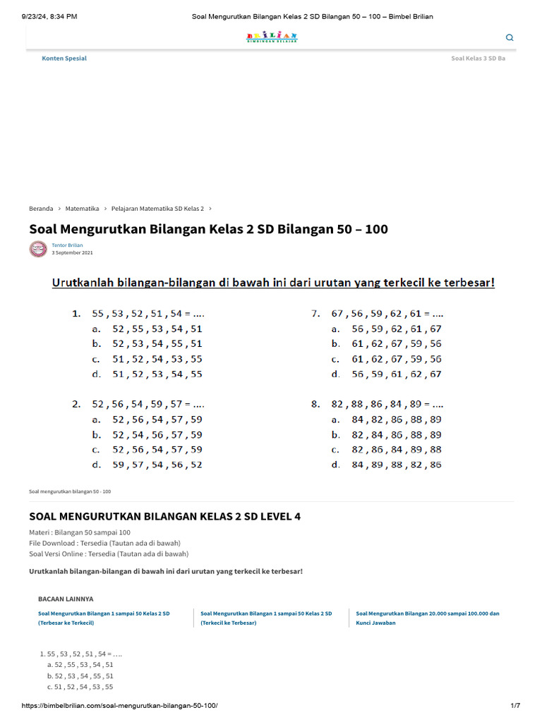 Soal Mengurutkan Bilangan Kelas 2 Sd Bilangan 50 100 Bimbel Brilian