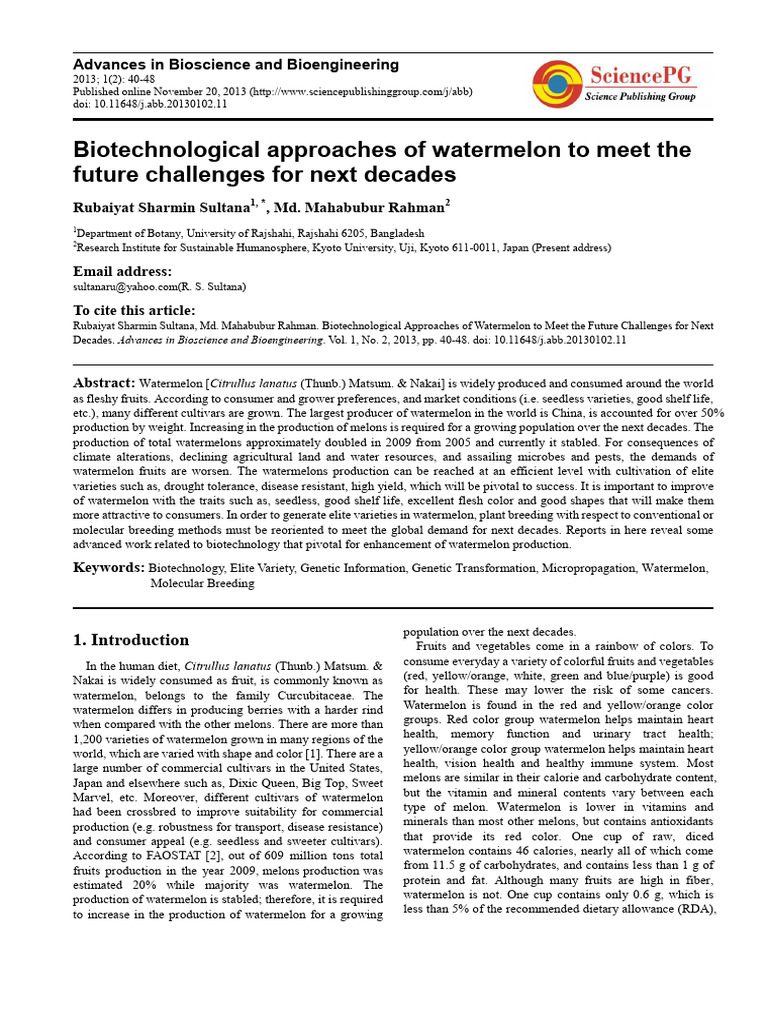 2013 - Biotechnological Approaches of Watermelon To Meet The Future ...