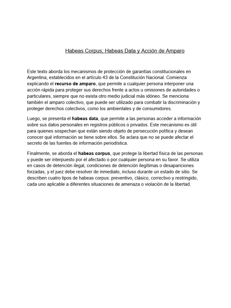 Habeas Corpus, Habeas Data y Accion de Amparo | PDF