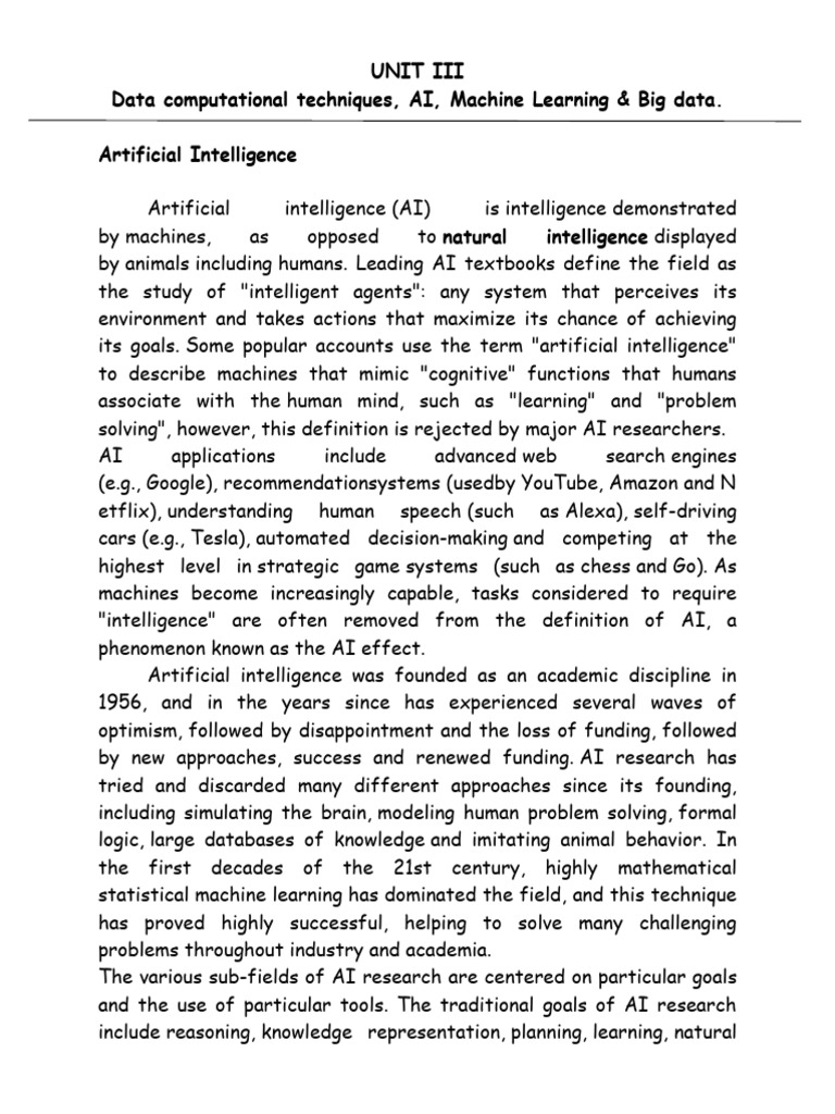 UNIT III Data Computational Tech., AI, ML, Big Data | PDF | Parallel ...