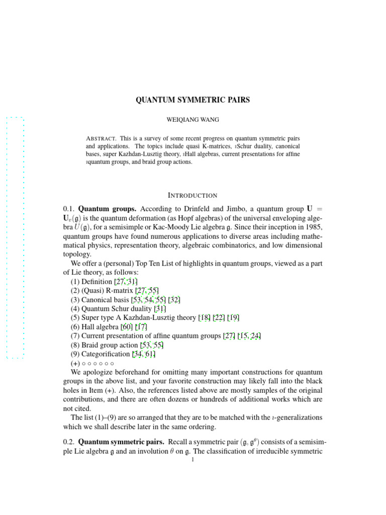 Quantum Symmetric Pairs Survey | PDF | Differential Geometry | Algebra