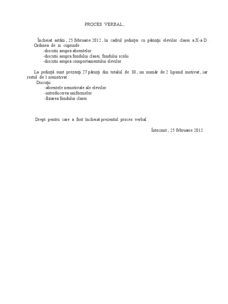 Proces Verbal Sedinta Cu Parintii