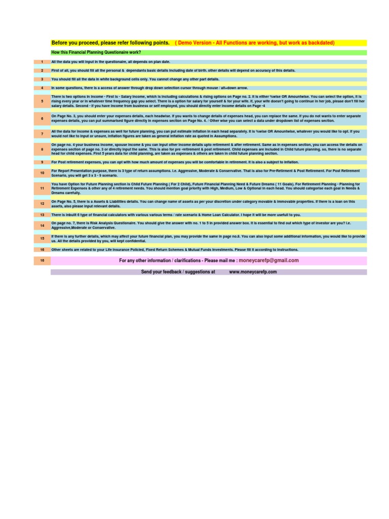 Personal Financial Planning Questionnaire / Data gathering sheet in