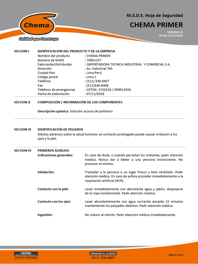 Hoja de Seguridad Chema Primer | PDF | Agua | Residuos