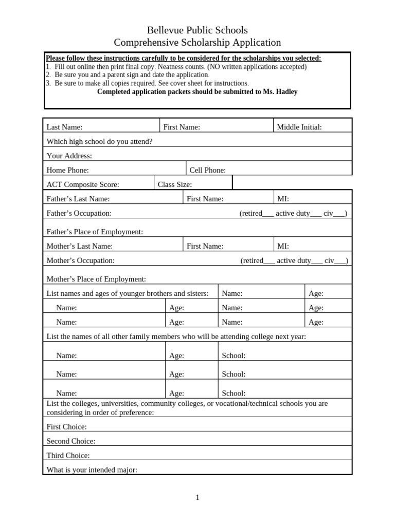 Bellevue Scholarship Application Form | PDF