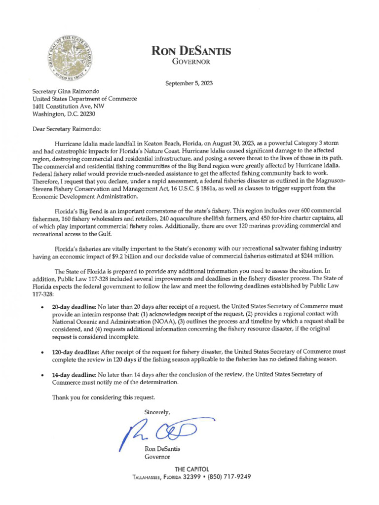 Fisheries-DisasterLetter Desantis 2023 | PDF