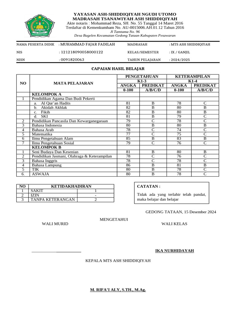 RAPOR KELAS 7 8 2023 2024 | PDF
