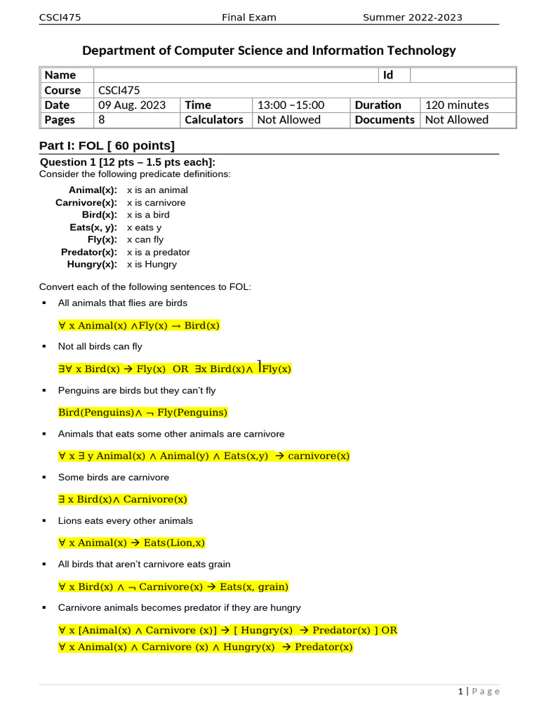 CSCI475 Summer 2023 Final Exam | PDF | Logic | Mathematical Logic