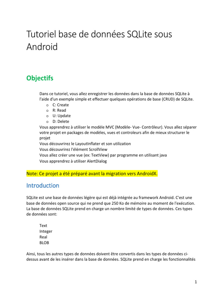 Tutoriel SQLite sur Android : CRUD et MVC | PDF | Bases de données | SQL