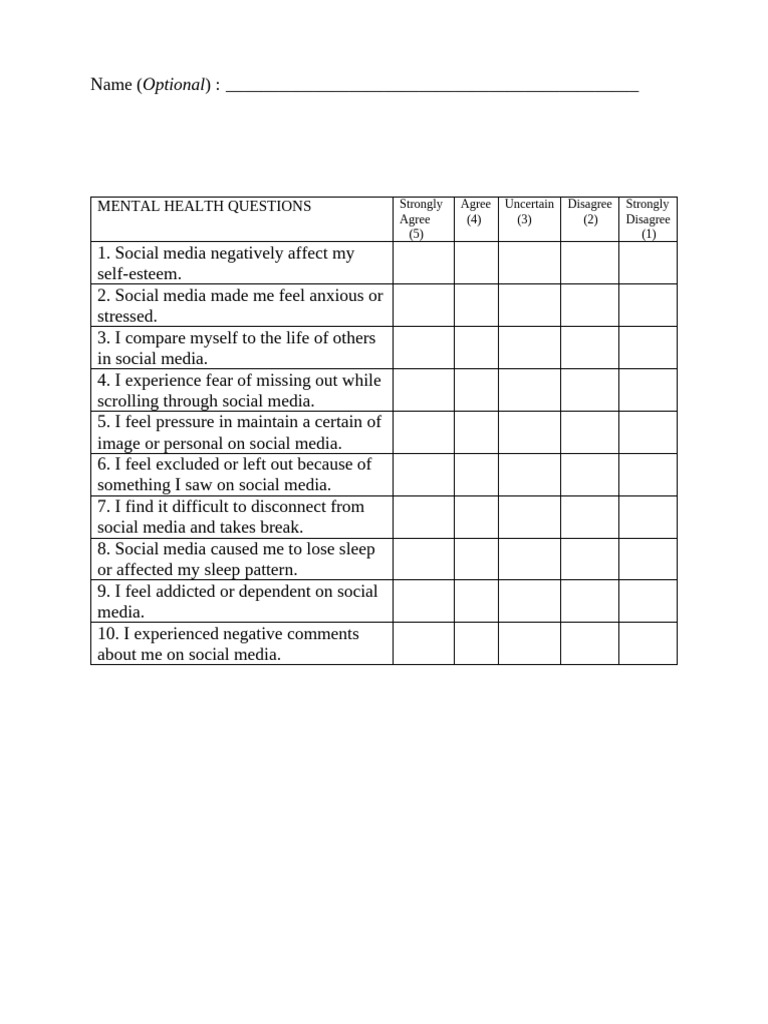 Social Media Impact on Mental Health Survey | PDF