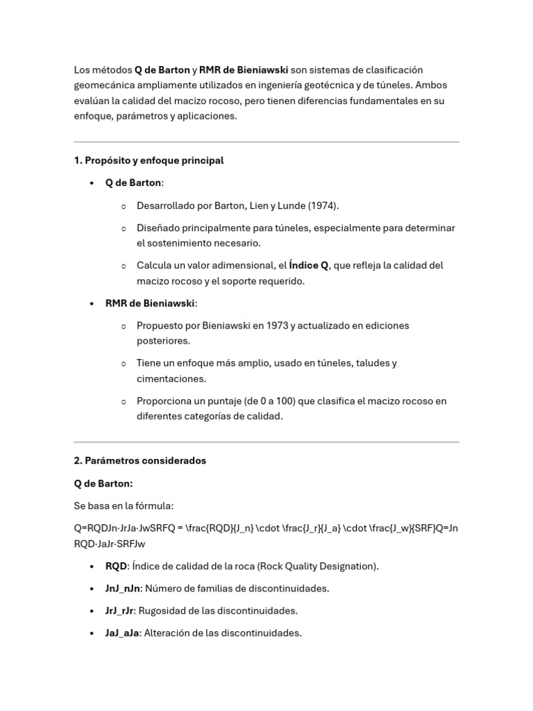 Los Métodos Q de Barton y RMR de Bieniawski Son Sistemas de ...