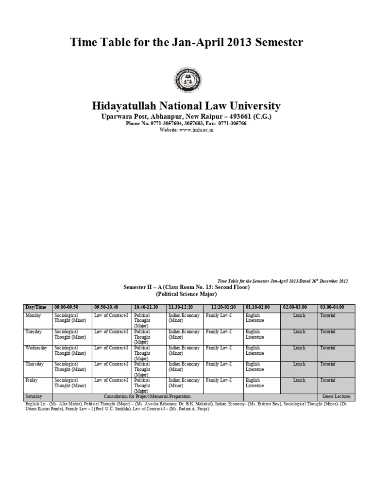 Time Table Jan-Apr'13 Final | PDF | Science | Liberal Arts Education
