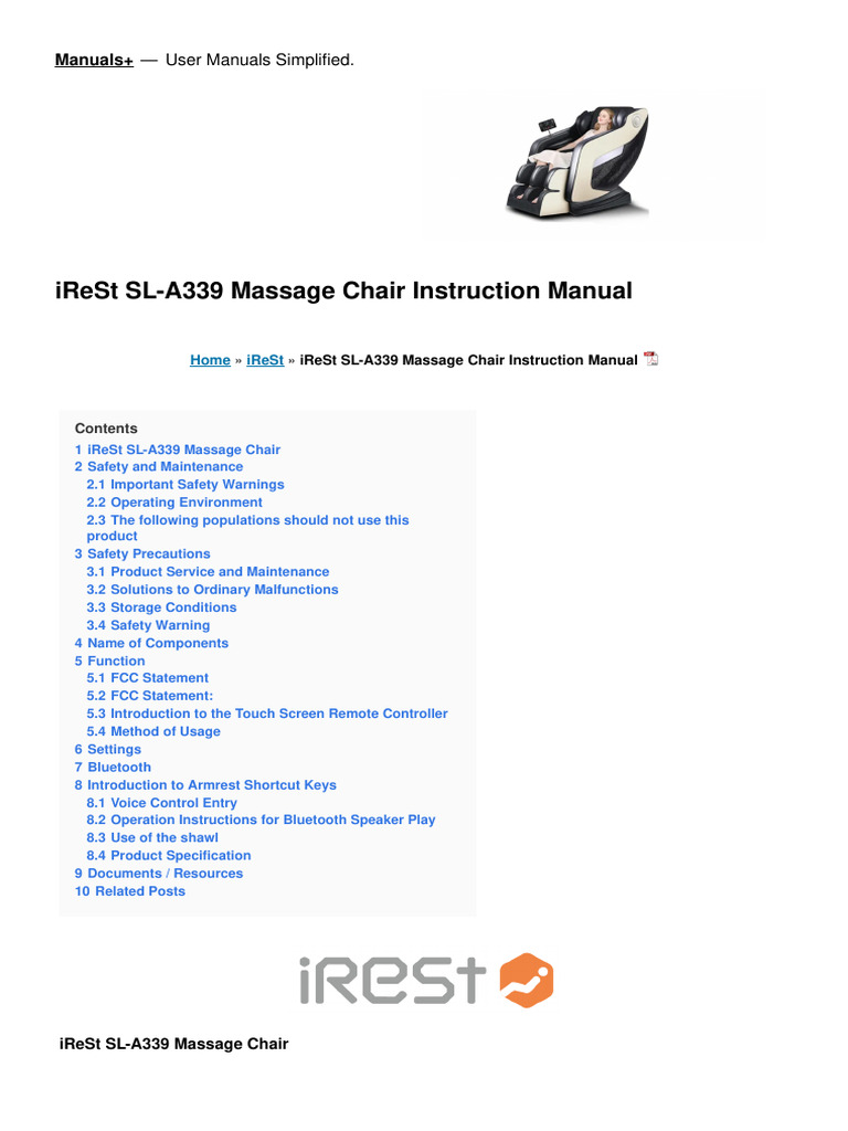 iReSt SL-A339 Massage Chair Manual | PDF | Chair | Bluetooth