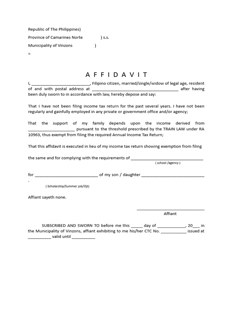 Affidavit of Income Tax Exemption PDF