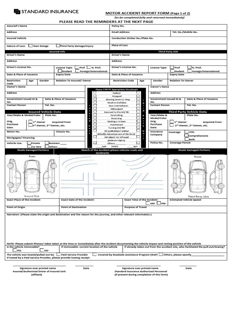 Standard Insurance Motor Accident Report Form CLM 016 v2 | PDF ...
