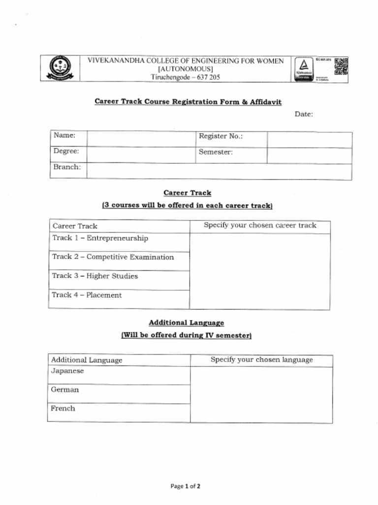 Career Track Course Registration Form & Affidavit | PDF