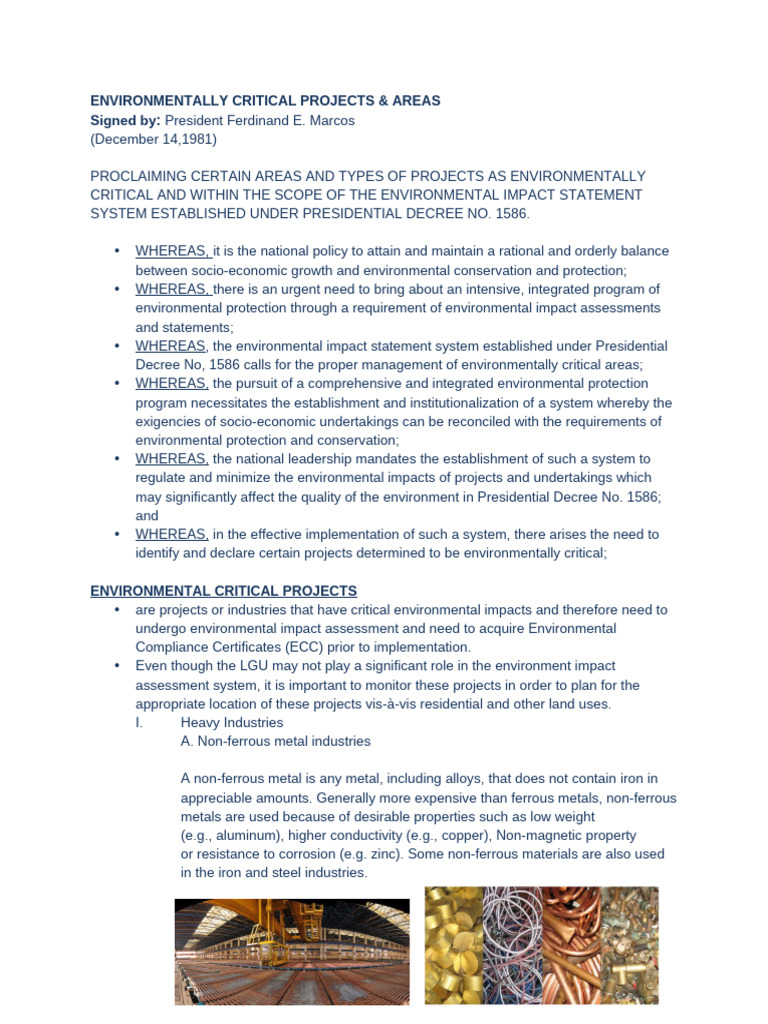 Environmentally Critical Projects Overview | PDF | Metals | Smelting