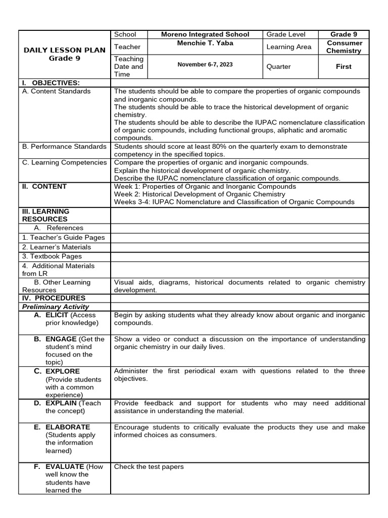 Grade 9 Consumer Chemistry Plan | PDF | Teachers | Organic Chemistry