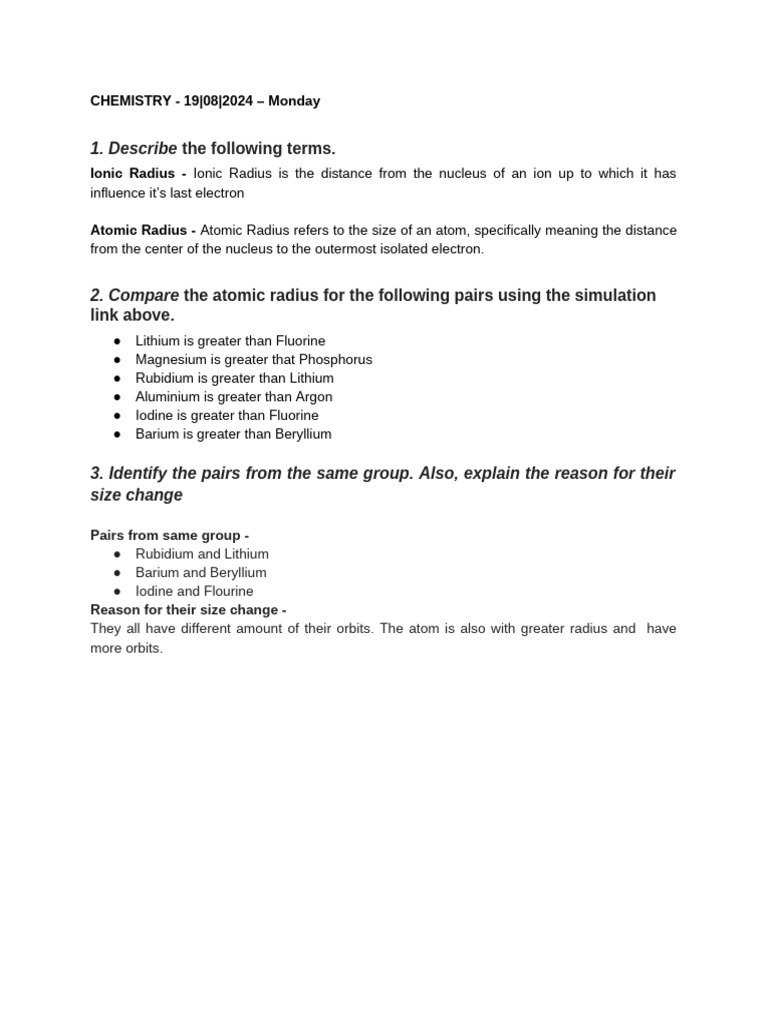 Chemistry Ionic Radius and Atomic Radius AAGAM | PDF