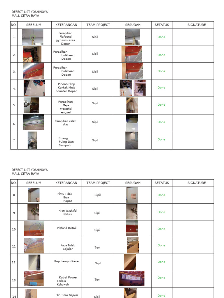 Defect List Yoshinoya | PDF