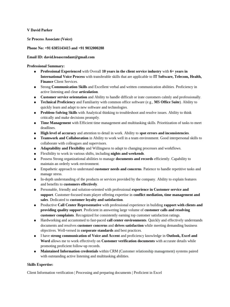Experienced Voice Process Specialist | PDF | Customer Relationship ...