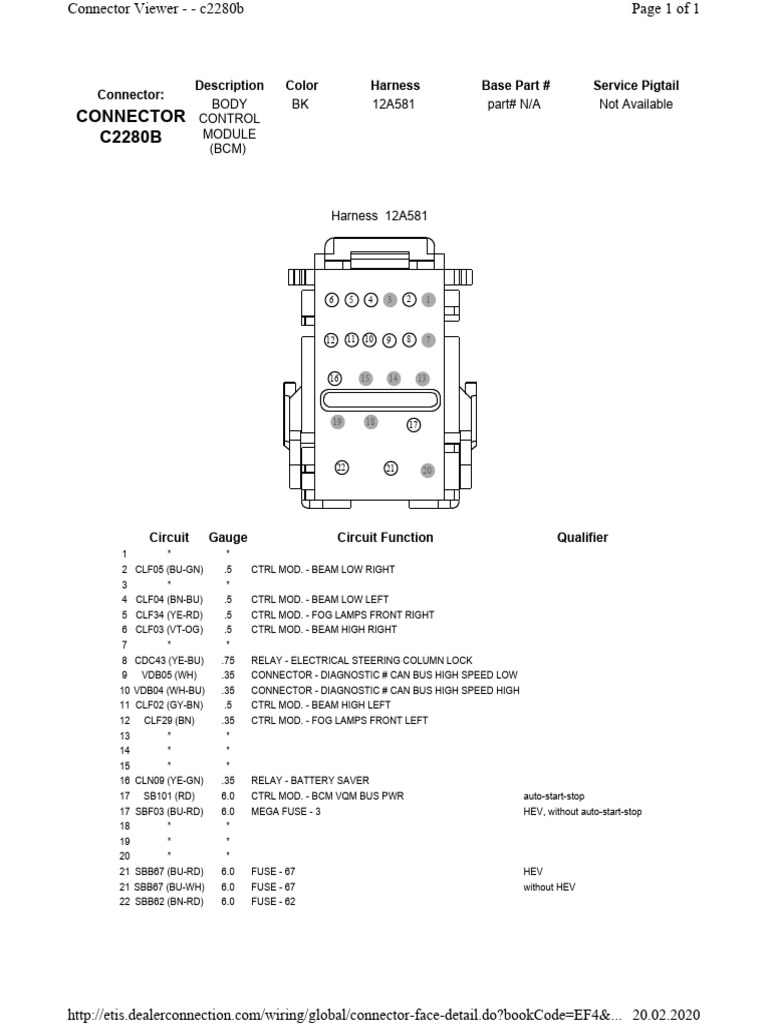 C2280B BCM Connector Pinout Details | PDF | Vehicles | Automotive ...