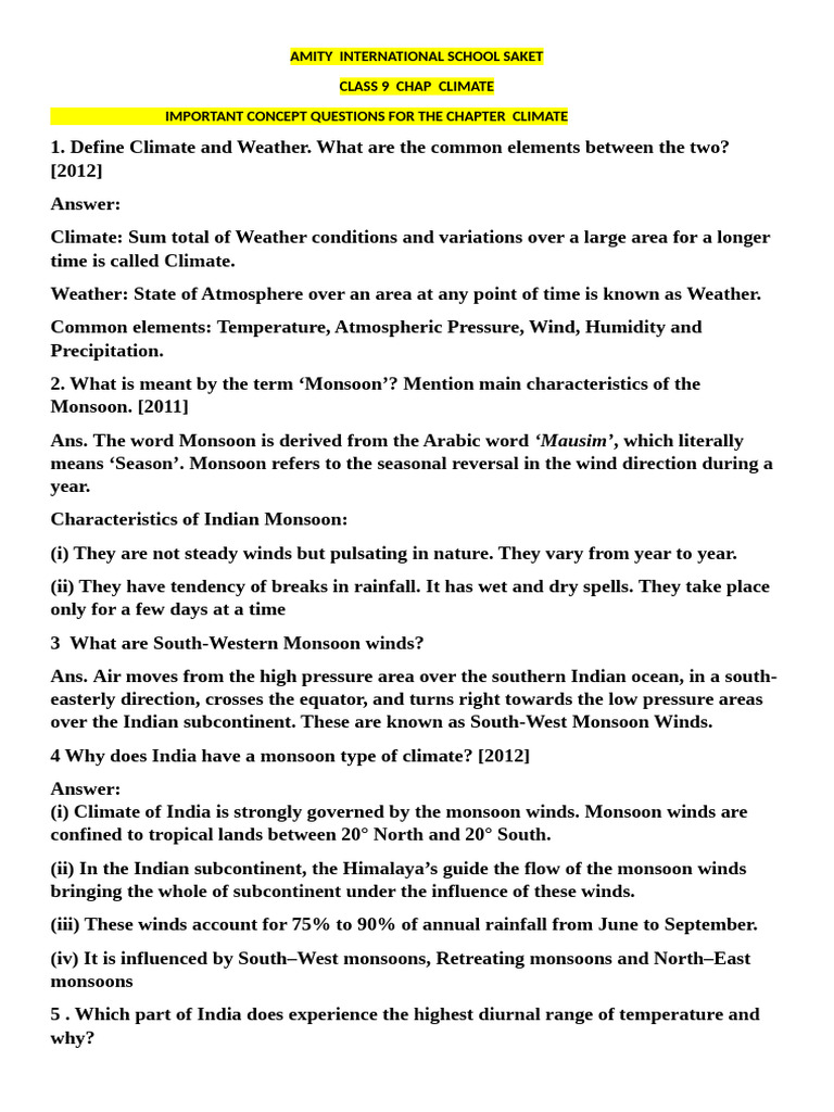 Concept Questions Climate Class 9 26.11.24 | PDF | Monsoon | Rain