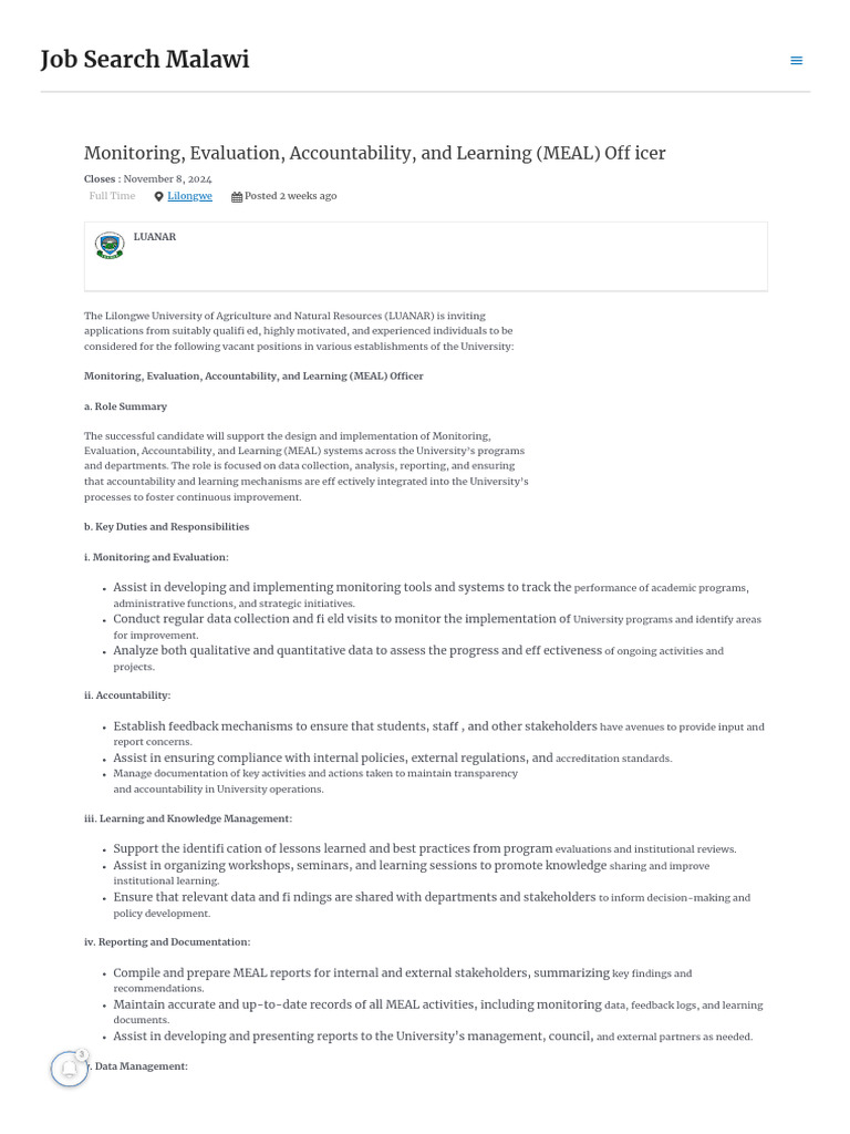 Monitoring Evaluation Accountability And Learning Officer Pdf