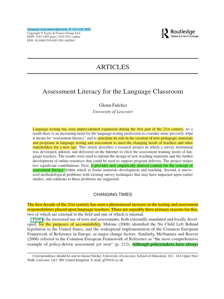 Assessment Literacy For The Language Classroom Fulcher 2012 | PDF ...