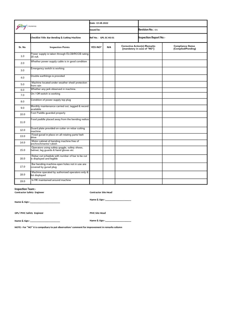 Safety Inspection Checklist for Machinery | PDF | Vehicles | Crane ...