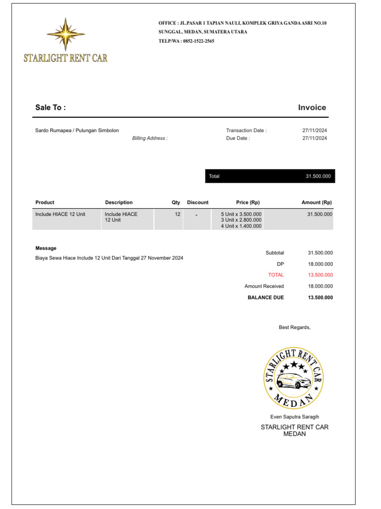 Invoice starlight rent car pdf accounting business documents
