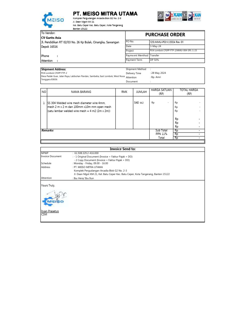 Purchase Order for Welded Wire Mesh | PDF | Business Documents | Accounting