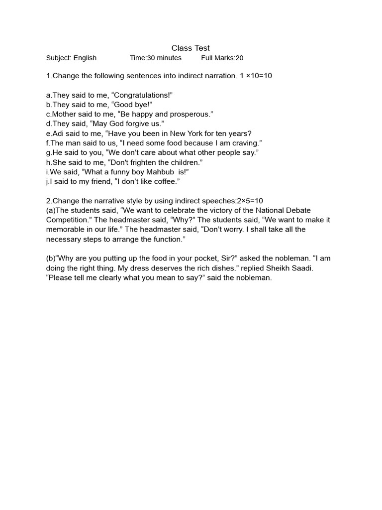 Class Test English 22 | PDF