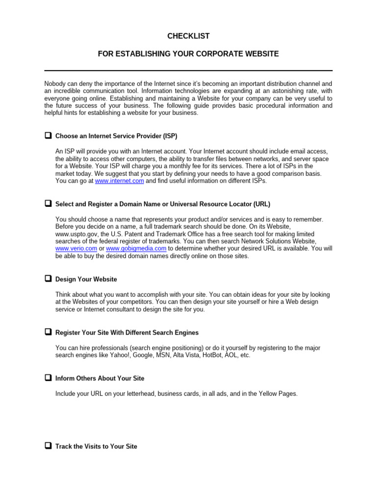 Checklist For Establishing A Website | PDF | Websites | Internet